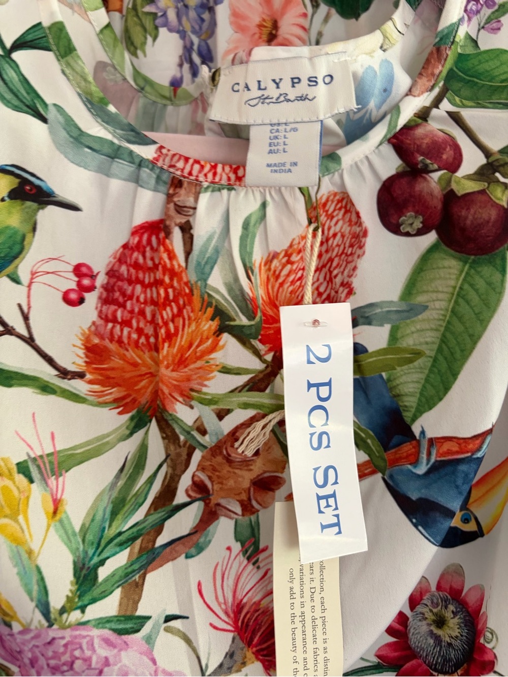 Calypso St Barth Floral/ Bird Print White Maxi Skirt and Puff Sleeve top Set - Picture 3 of 15